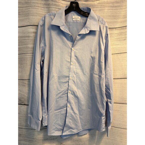 Calvin Klein Mens Steel+ Slim Fit Herringbone Button-Up Dress Shirt 18 32/33 - Picture 1 of 3
